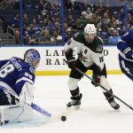 Tampa Bay Lightning goaltender Andrei Vasilevskiy (88)makes a save on a shot by Arizona Coyotes left wing Andrew Ladd (16) during the third period of an NHL hockey game Thursday, Oct. 28, 2021, in Tampa, Fla. (AP Photo/Chris O'Meara)