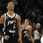 Phoenix Mercury guard Shey Peddy (5) celebrates after the Mercury defeated the Chicago Sky 91-86 in overtime in Game 2 of basketball's WNBA Finals, Wednesday, Oct. 13, 2021, in Phoenix. (AP Photo/Rick Scuteri)
