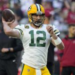 Green Bay Packers quarterback Aaron Rodgers (12) warms up prior to an NFL football game against the Arizona Cardinals, Thursday, Oct. 28, 2021, in Glendale, Ariz. (AP Photo/Rick Scuteri)