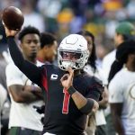 Arizona Cardinals quarterback Kyler Murray (1) warms up prior to an NFL football game against the Green Bay Packers, Thursday, Oct. 28, 2021, in Glendale, Ariz. (AP Photo/Ross D. Franklin)