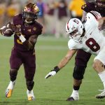 Arizona State running back Rachaad White (3) runs past Stanford linebacker Tristan Sinclair (8) during the second half of an NCAA college football game Friday, Oct. 8, 2021, in Tempe, Ariz. Arizona State won 28-10. (AP Photo/Ross D. Franklin)
