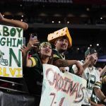 Green Bay Packers fans cheer during the second half of an NFL football game against the Arizona Cardinals, Thursday, Oct. 28, 2021, in Glendale, Ariz. The Packers won 24-21. (AP Photo/Ross D. Franklin)