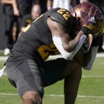 
              Arizona State receiver Bryan Thompson (22) reacts to missing a ball right in his hands against Washington State during the first half of an NCAA college football game, Saturday, Oct 30, 2021, in Tempe, Ariz. (AP Photo/Darryl Webb)
            