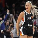 Phoenix Mercury guard Sophie Cunningham reacts after scoring against the Chicago Sky during the first half of Game 2 of basketball's WNBA Finals, Wednesday, Oct. 13, 2021, in Phoenix. (AP Photo/Rick Scuteri)