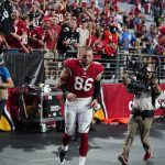 Arizona Cardinals tight end Zach Ertz (86) leaves the field after an NFL football game against the Houston Texans, Sunday, Oct. 24, 2021, in Glendale, Ariz. The Cardinals won 31-5. (AP Photo/Ross D. Franklin)