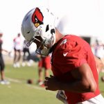 Arizona Cardinals WR Rondale Moore warms up ahead of practice Friday, Nov. 12, 2021, in Tempe. (Tyler Drake/Arizona Sports)
