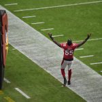 Arizona Cardinals outside linebacker chandler jones arms in the air before taking on Carolina 11/14/21 (Arizona Sports: Jeremy Schnell)