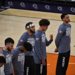 Suns center JaVale McGee lining up with teammates for anthem 11/10/21 (Arizona Sports: Jeremy Schnell)