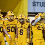 Arizona State players ready to run onto the field including LV Bunkley-Shelton, Finn Collins and Jarrett Bell 11/6/21 (Arizona Sports: Jeremy Schnell)