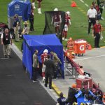 Arizona Cardinals quarterback Colt McCoy enters the blue medical tent after being injured against Carolina 11/14/21 (Arizona Sports: Jeremy Schnell)