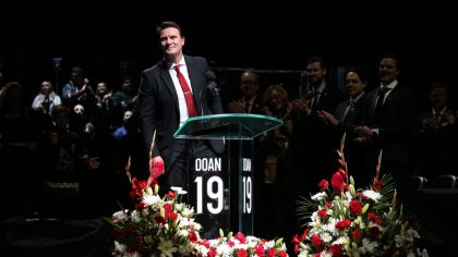 GLENDALE, ARIZONA - FEBRUARY 24:  Shane Doan speaks during a pregame ceremony in his honor and to r...