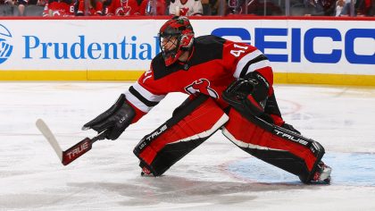 Scott Wedgewood #41 of the New Jersey Devils in action against the Washington Capitals at Prudentia...