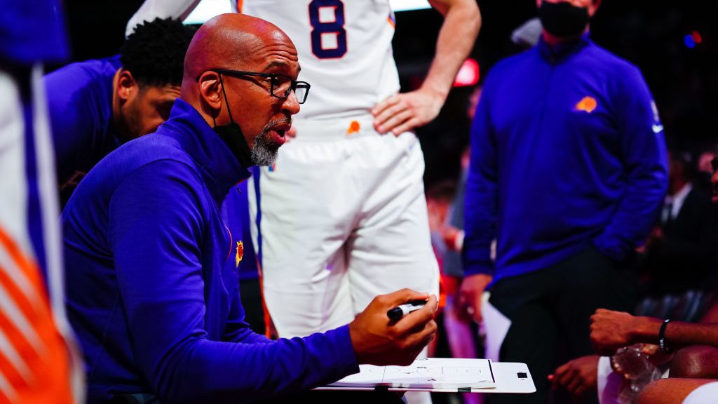 Head Coach Monty Williams of the Phoenix Suns talks during a time out break during the game against...