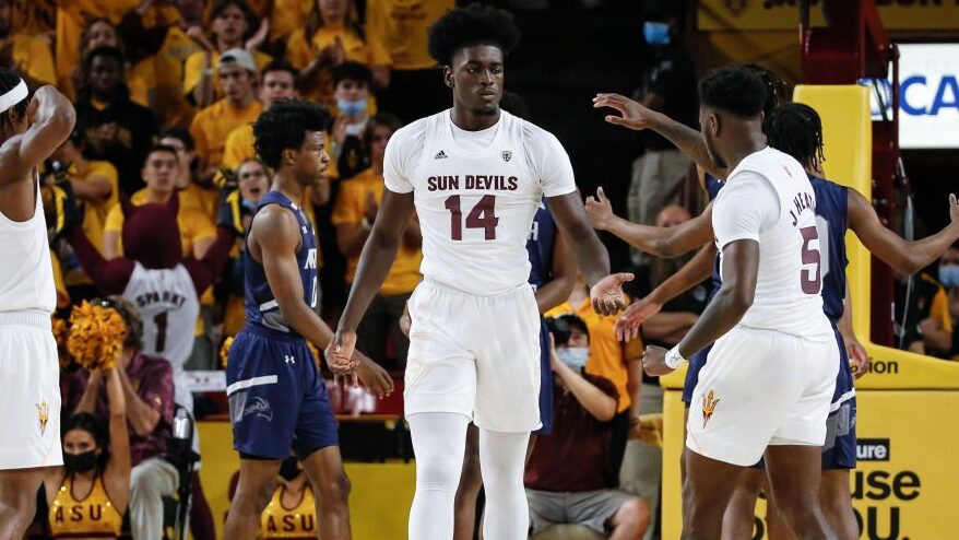 Arizona State Sun Devils center Enoch Boakye (14) reacts to a big play during the college basketbal...