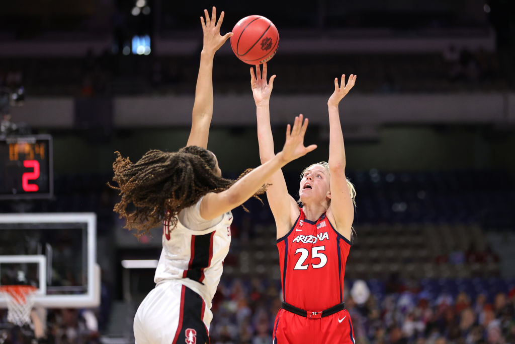 Cate Reese #25 of the Arizona Wildcats attempts a basket against Haley Jones #30 of the Stanford Ca...