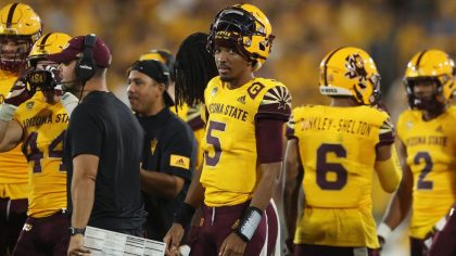 Head coach Herm Edwards of the Arizona State Sun Devils reacts on the sidelines during the first ha...