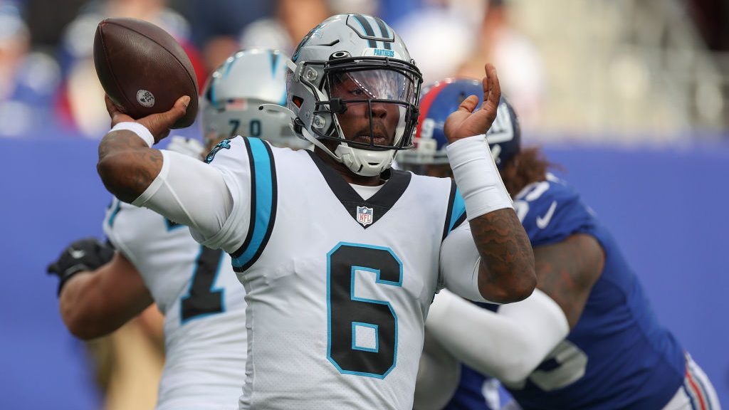 P.J. Walker #6 of the Carolina Panthers throws the ball during the second half in the game against ...