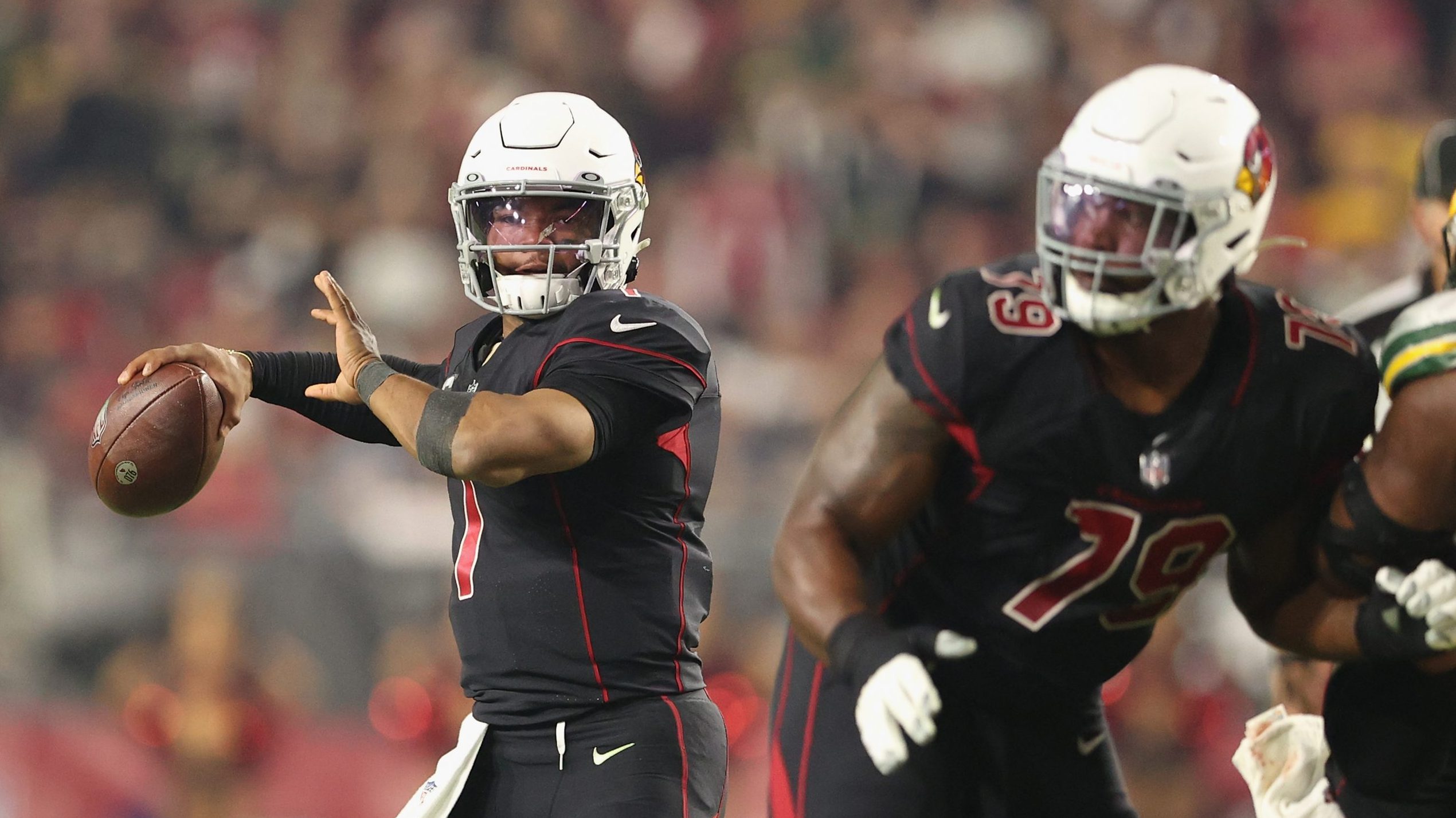 Quarterback Kyler Murray #1 of the Arizona Cardinals looks to pass during the second half of the NF...