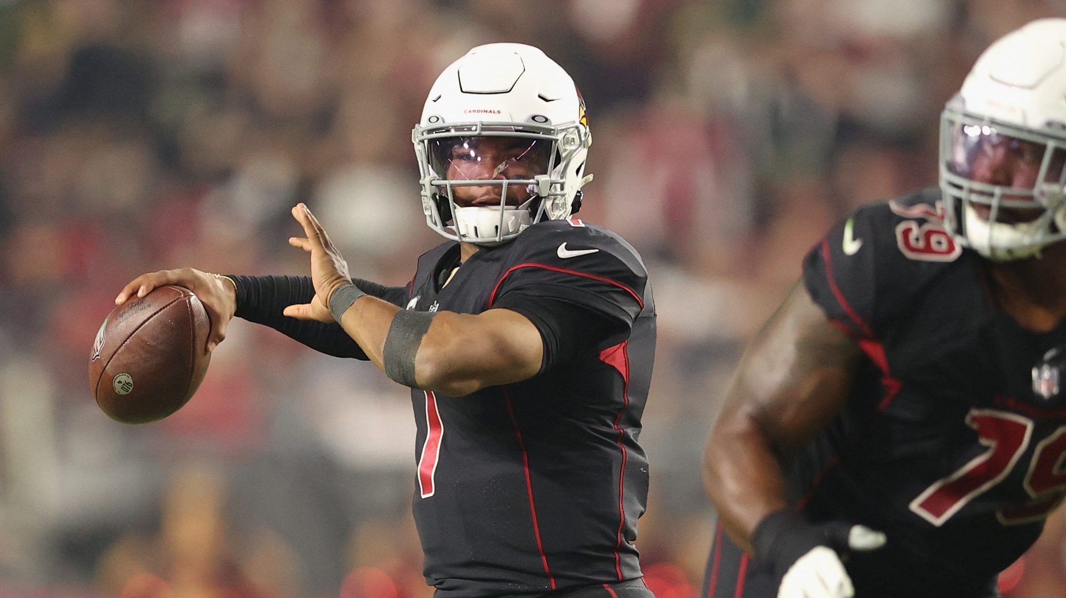 Quarterback Kyler Murray #1 of the Arizona Cardinals looks to pass during the second half of the NF...