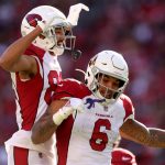 James Conner #6 of the Arizona Cardinals celebrates with Antoine Wesley #85 after running for a touchdown during the first quarter against the San Francisco 49ers at Levi's Stadium on November 07, 2021 in Santa Clara, California. (Photo by Ezra Shaw/Getty Images)