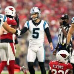 Zane Gonzalez #5 of the Carolina Panthers reacts after a field goal in the first half against the Arizona Cardinals at State Farm Stadium on November 14, 2021 in Glendale, Arizona. (Photo by Christian Petersen/Getty Images)