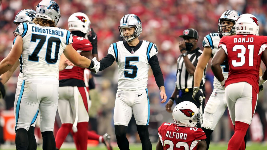 Zane Gonzalez #5 of the Carolina Panthers reacts after a field goal in the first half against the A...