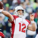 Colt McCoy #12 of the Arizona Cardinals throws the ball during the second quarter against the Seattle Seahawks at Lumen Field on November 21, 2021 in Seattle, Washington. (Photo by Steph Chambers/Getty Images)