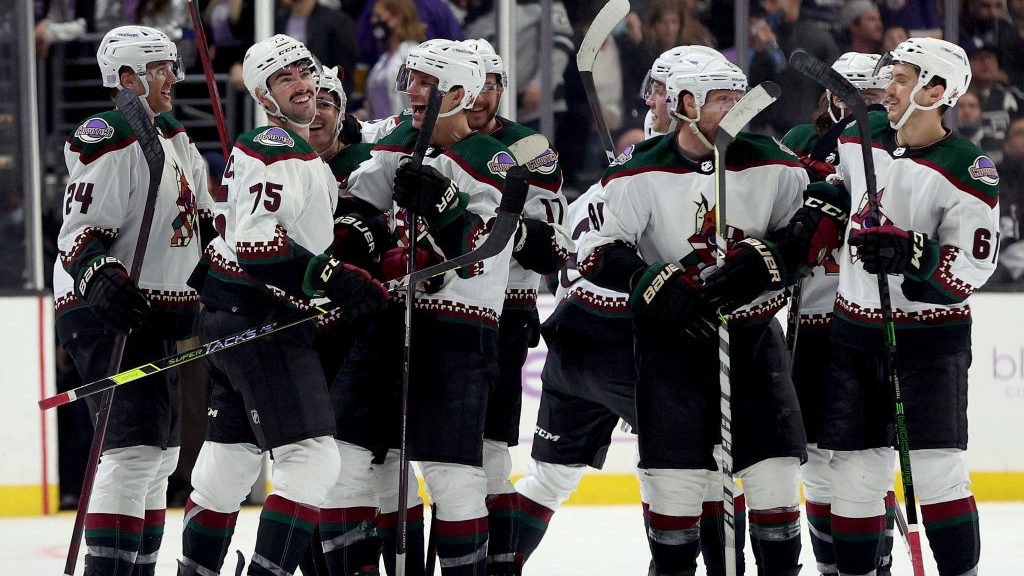 Kyle Capobianco #75 of the Arizona Coyotes celebrates his overtime goal with Antoine Roussel #26 an...