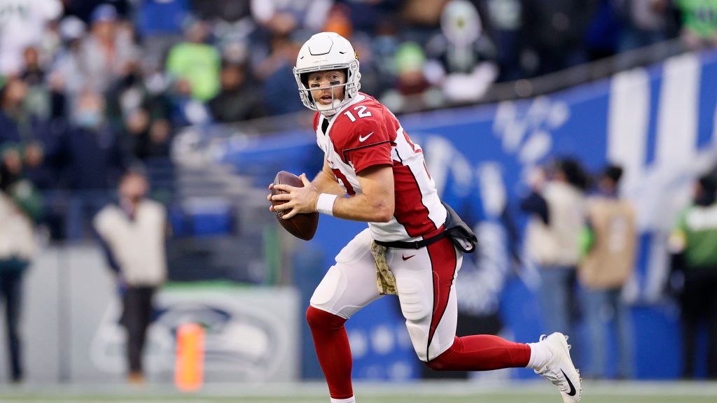 Colt McCoy #12 of the Arizona Cardinals looks to pass against the Seattle Seahawks during the secon...