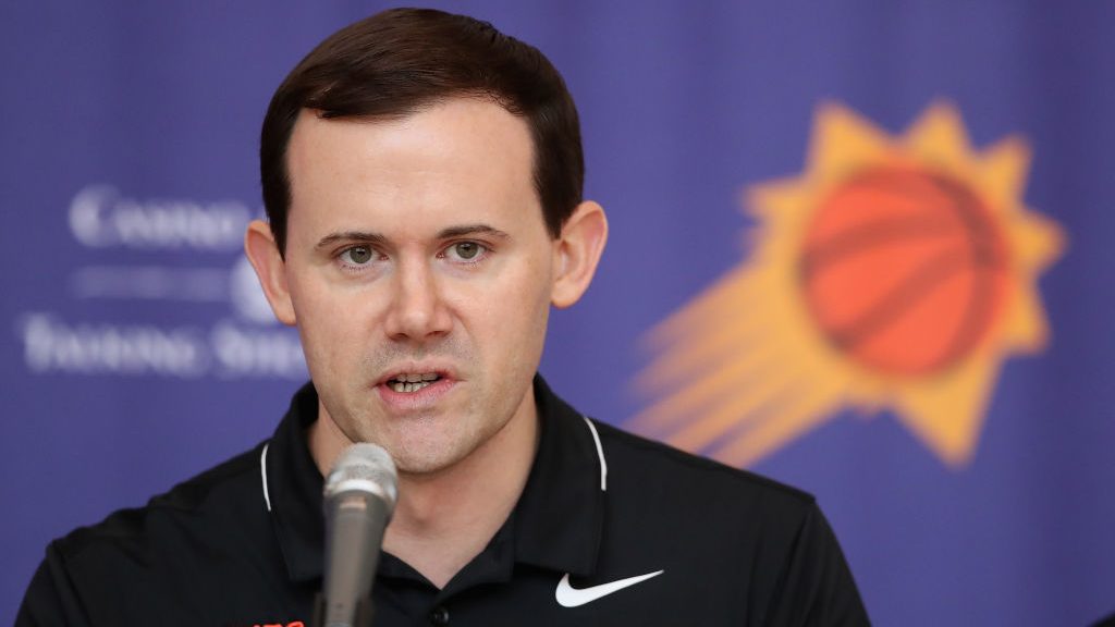 General Manager Ryan McDonough of the Phoenix Suns speaks during a press conference at Talking Stic...