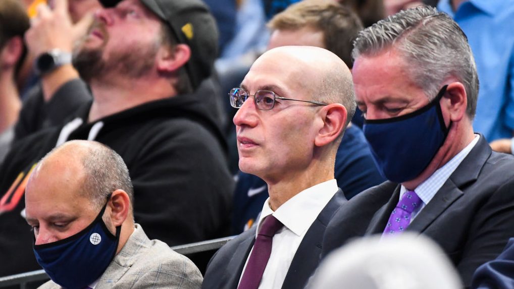 NBA commissioner Adam Silver looks on during a game between the Utah Jazz and Oklahoma City Thunder...