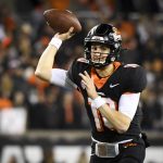 Oregon State quarterback Chance Nolan (10) passes during the second quarter of an NCAA college football game against Arizona State Saturday, Nov. 20, 2021, in Corvallis, Ore. (AP Photo/Andy Nelson)