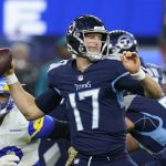 Tennessee Titans quarterback Ryan Tannehill throws a pass during the first half of an NFL football game against the Los Angeles Rams, Sunday, Nov. 7, 2021, in Inglewood, Calif. (AP Photo/Ashley Landis)