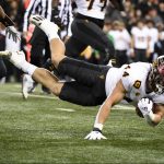 Arizona State fullback Case Hatch (44) hits the turf after running past Oregon State linebacker Omar Speights (36) during the first quarter of an NCAA college football game Saturday, Nov. 20, 2021, in Corvallis, Ore. (AP Photo/Andy Nelson)