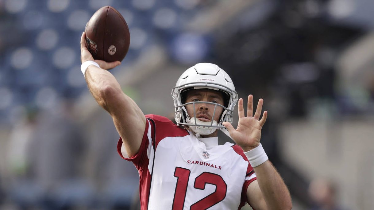 Arizona Cardinals quarterback Colt McCoy throws the ball before an NFL football game against the Se...