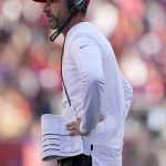 San Francisco 49ers head coach Kyle Shanahan watches from the sideline during the first half of his team's NFL football game against the Arizona Cardinals in Santa Clara, Calif., Sunday, Nov. 7, 2021. (AP Photo/Tony Avelar)