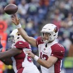 Arizona Cardinals quarterback Colt McCoy throws against the Seattle Seahawks during the first half of an NFL football game, Sunday, Nov. 21, 2021, in Seattle. (AP Photo/Ted S. Warren)
