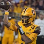 Arizona State quarterback Jayden Daniels throws a pass against Southern California during the first half of an NCAA college football game Saturday, Nov. 6, 2021, in Tempe, Ariz. (AP Photo/Darryl Webb)