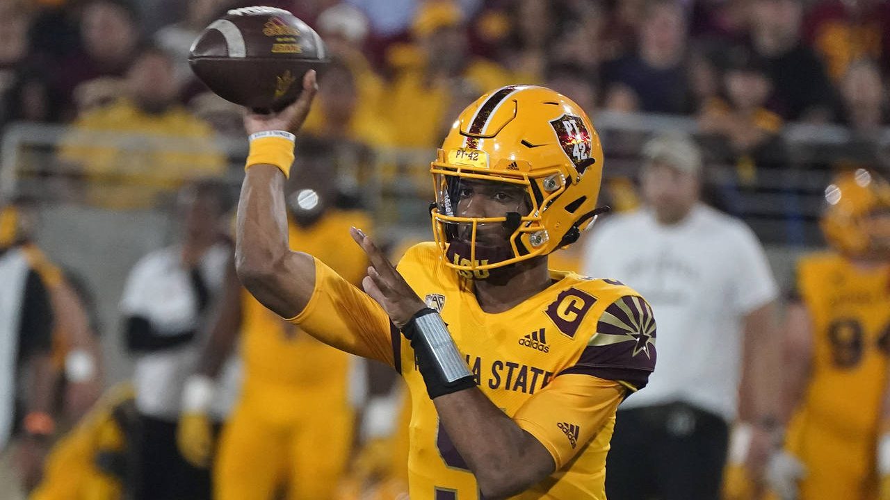 Arizona State quarterback Jayden Daniels throws a pass against Southern California during the first...
