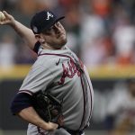Atlanta Braves relief pitcher Tyler Matzek throws during the seventh inning in Game 6 of baseball's World Series between the Houston Astros and the Atlanta Braves Tuesday, Nov. 2, 2021, in Houston. (AP Photo/Eric Gay)