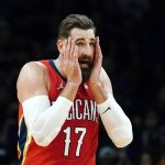 New Orleans Pelicans center Jonas Valanciunas reacts after having a foul called against him during the first half of the team's NBA basketball game against the Phoenix Suns on Tuesday, Nov. 2, 2021, in Phoenix. (AP Photo/Ross D. Franklin)