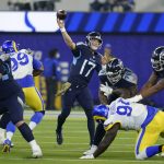 Tennessee Titans quarterback Ryan Tannehill throws a pass during the first half of an NFL football game against the Los Angeles Rams, Sunday, Nov. 7, 2021, in Inglewood, Calif. (AP Photo/Ashley Landis)