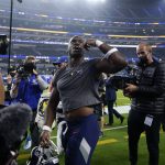 Tennessee Titans running back Adrian Peterson reacts with fans after the Titans defeated the Los Angeles Rams 28-16 in an NFL football game Sunday, Nov. 7, 2021, in Inglewood, Calif. (AP Photo/Ashley Landis)
