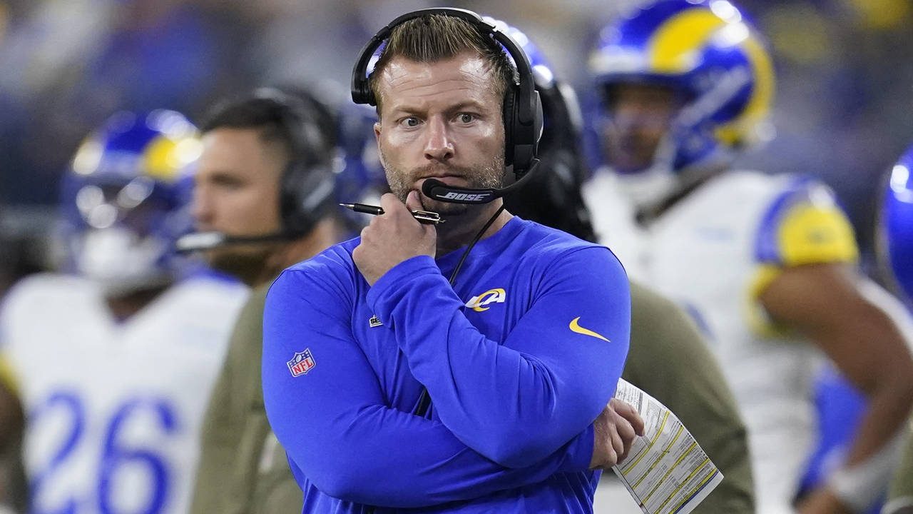Los Angeles Rams head coach Sean McVay looks on during the second half of an NFL football game agai...