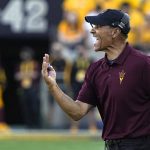 Arizona State head coach Herm Edwards reacts after stopping Arizona on a fourth down in the second half during an NCAA college football game, Saturday, Nov. 27, 2021, in Tempe, Ariz. Arizona State won 38-15. (AP Photo/Rick Scuteri)