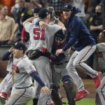 The Atlanta Braves celebrate after winning baseball's World Series in Game 6 against the Houston Astros Tuesday, Nov. 2, 2021, in Houston. The Braves won 7-0. (AP Photo/Sue Ogrocki)