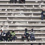 Seagulls share bleachers with fans before an NFL football game between the Seattle Seahawks and the Arizona Cardinals, Sunday, Nov. 21, 2021, in Seattle. (AP Photo/Ted S. Warren)