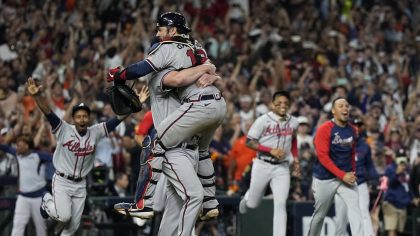 The Atlanta Braves celebrate after winning baseball's World Series in Game 6 against the Houston As...