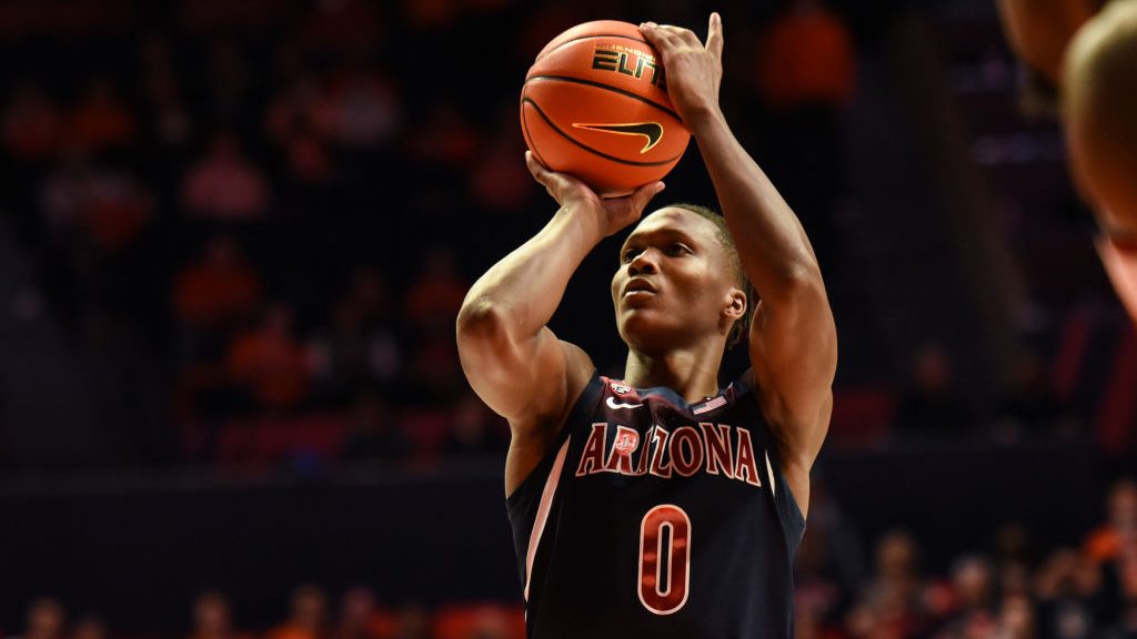 Arizona guard Bennedict Mathurin (0) shoots a free throw during a college basketball game between t...