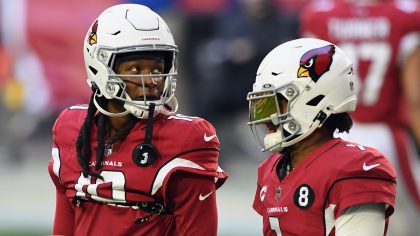 DeAndre Hopkins #10 and Kyler Murray #1 of the Arizona Cardinals prepare for the game against the P...